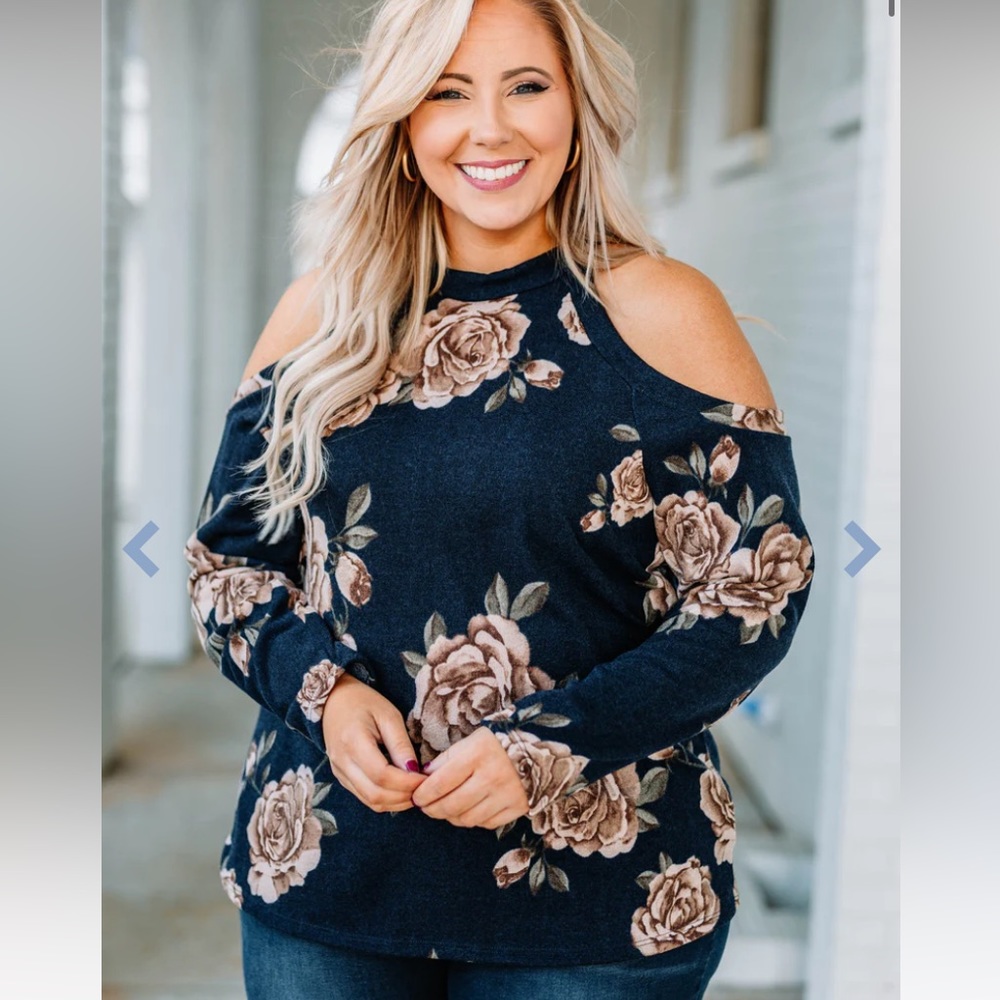 Navy Blue Floral Sweater; Shoulder Cutouts